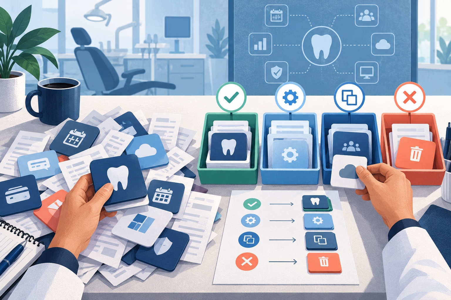 A dental practice sorting existing software tools into clear action groups