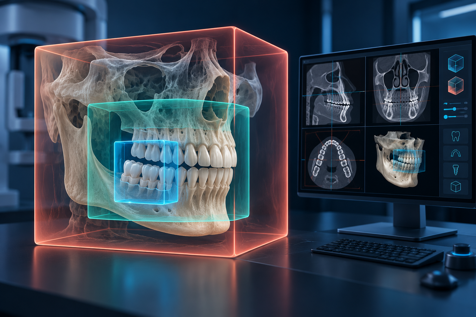 A stylized three-dimensional dental CBCT volume with nested limited, arch, and broader fields of view beside a planning workstation