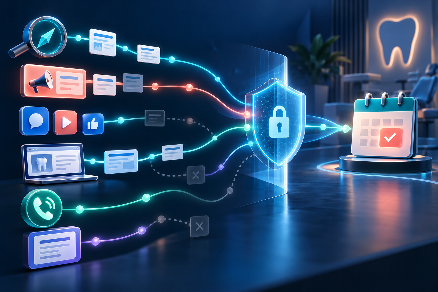 A dental marketing journey shown as several colored channels converging on a confirmed appointment while privacy checkpoints filter the data