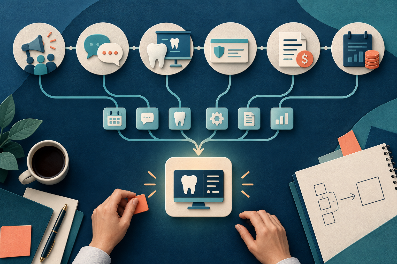 Six connected dental-practice jobs flowing into one technology decision
