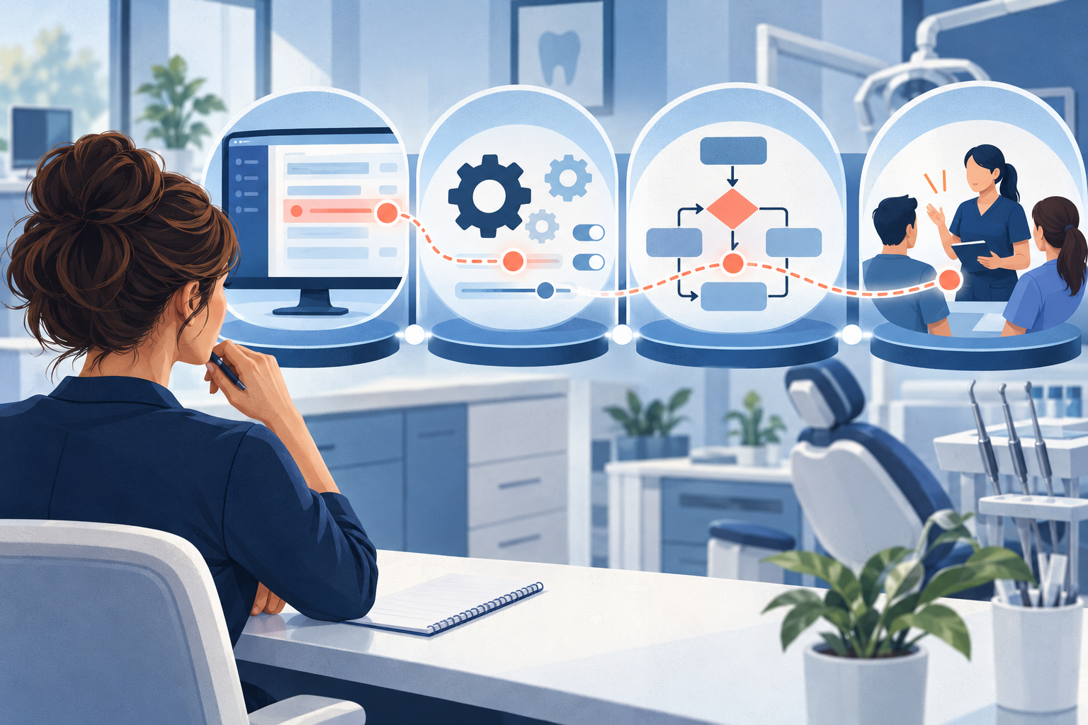 A dental practice owner tracing a workflow problem through four connected layers
