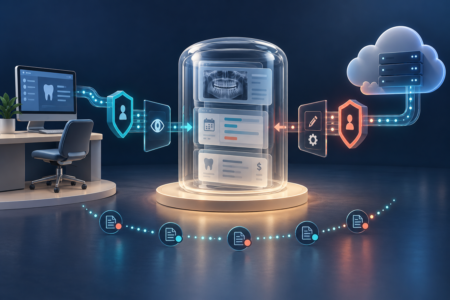 A protected dental record with separate permission gates connecting a local workstation and a cloud service, with no patient identifiers shown