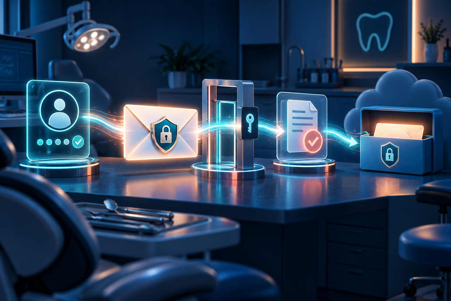 A protected dental practice email workflow shown as a sealed message moving through identity, access, and policy checkpoints