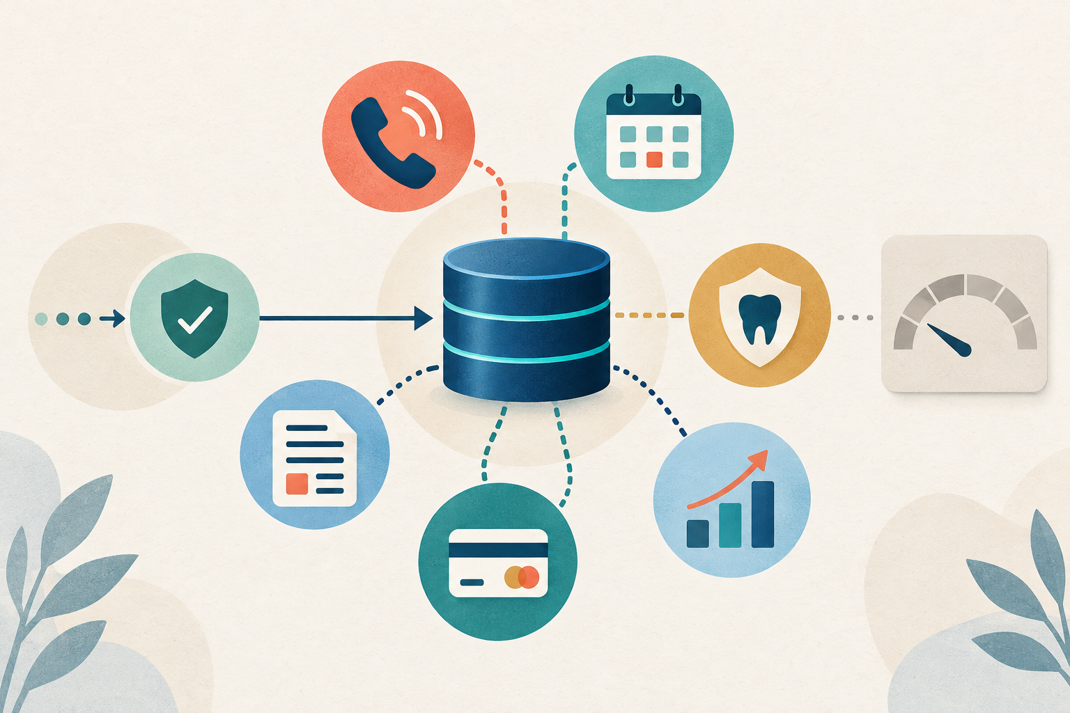 A PMS data hub connected to practice workflows through a verification checkpoint while depth remains unresolved