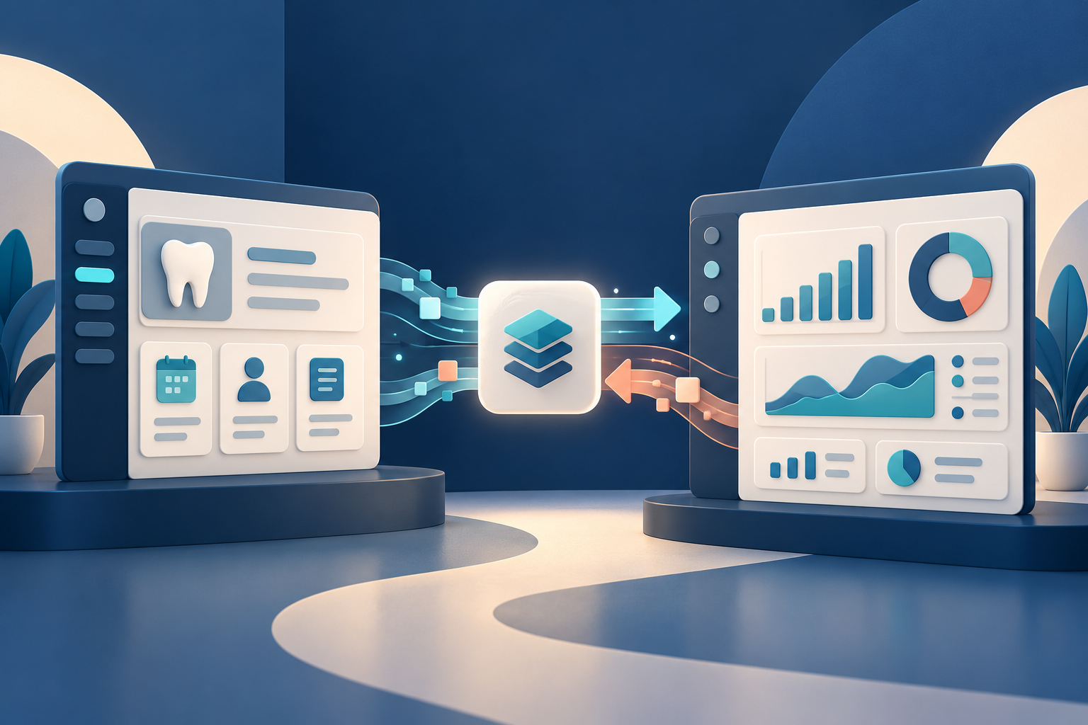 An abstract bridge carrying defined requests and responses between dental software systems