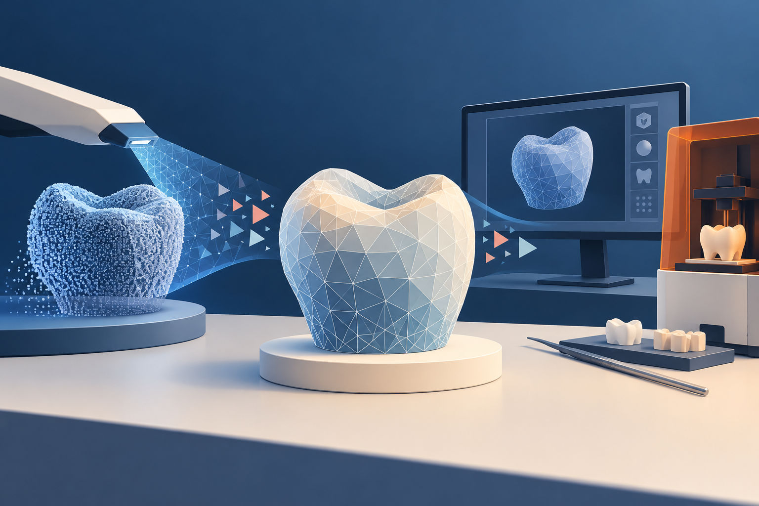 A triangular surface-mesh dental model moving from a scanner into lab and 3D-printing workflows