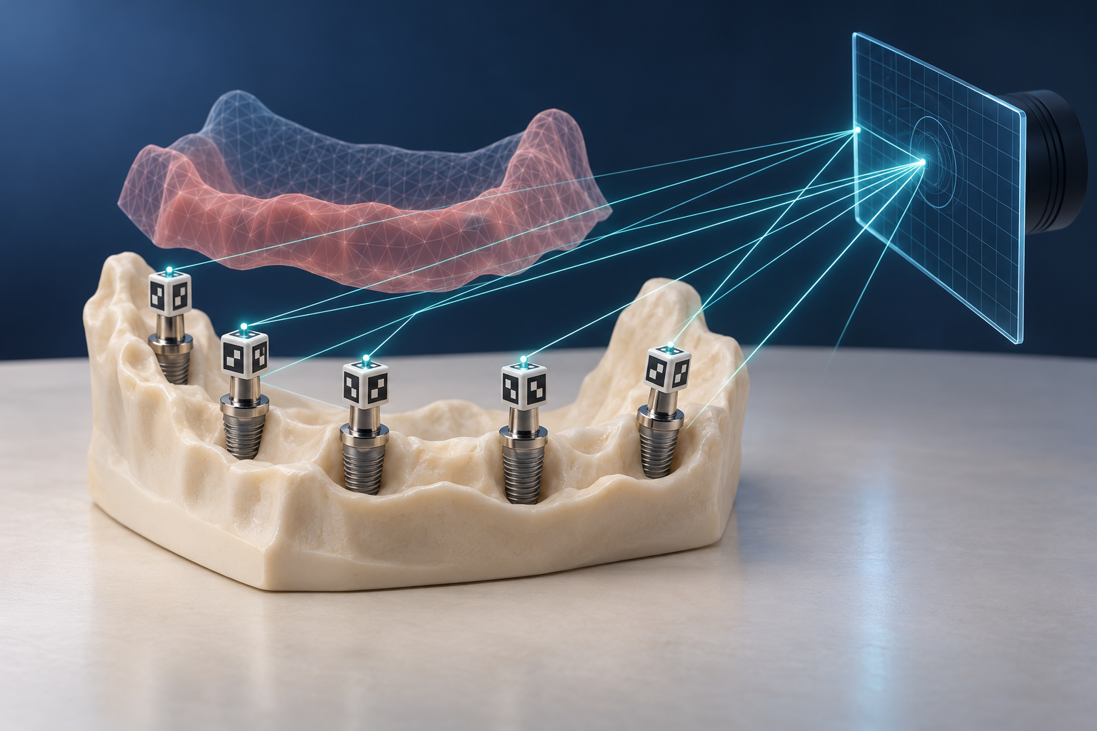A full-arch implant model with coded markers measured by an abstract camera while tissue data appears as a separate translucent layer