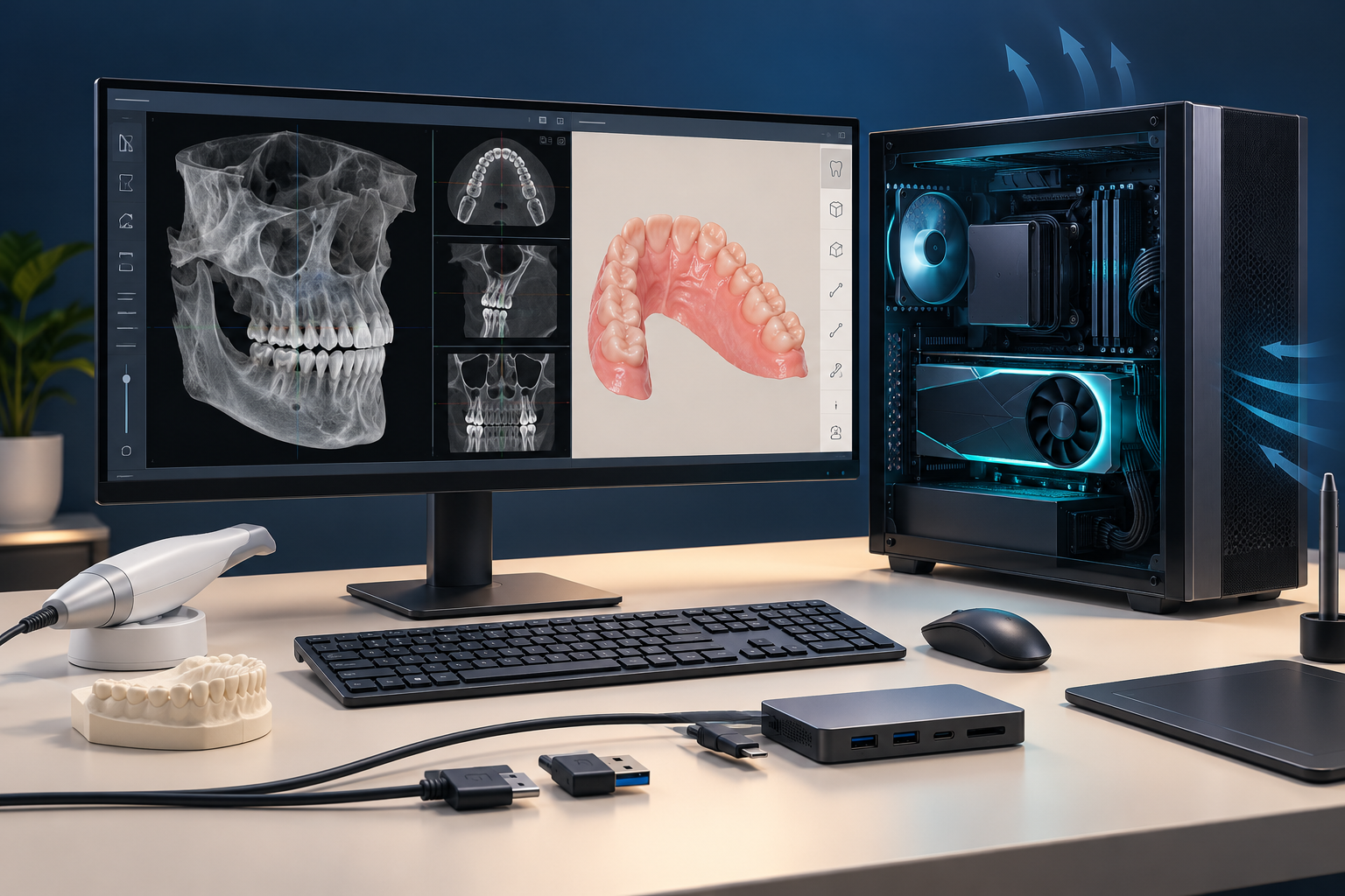 An unbranded dental workstation showing a CBCT volume, intraoral scan, internal GPU, cooling, and several data connectors